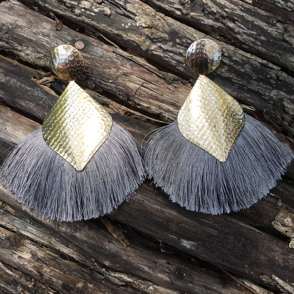 Big Beautiful Grey & Gold Tassel Earrings